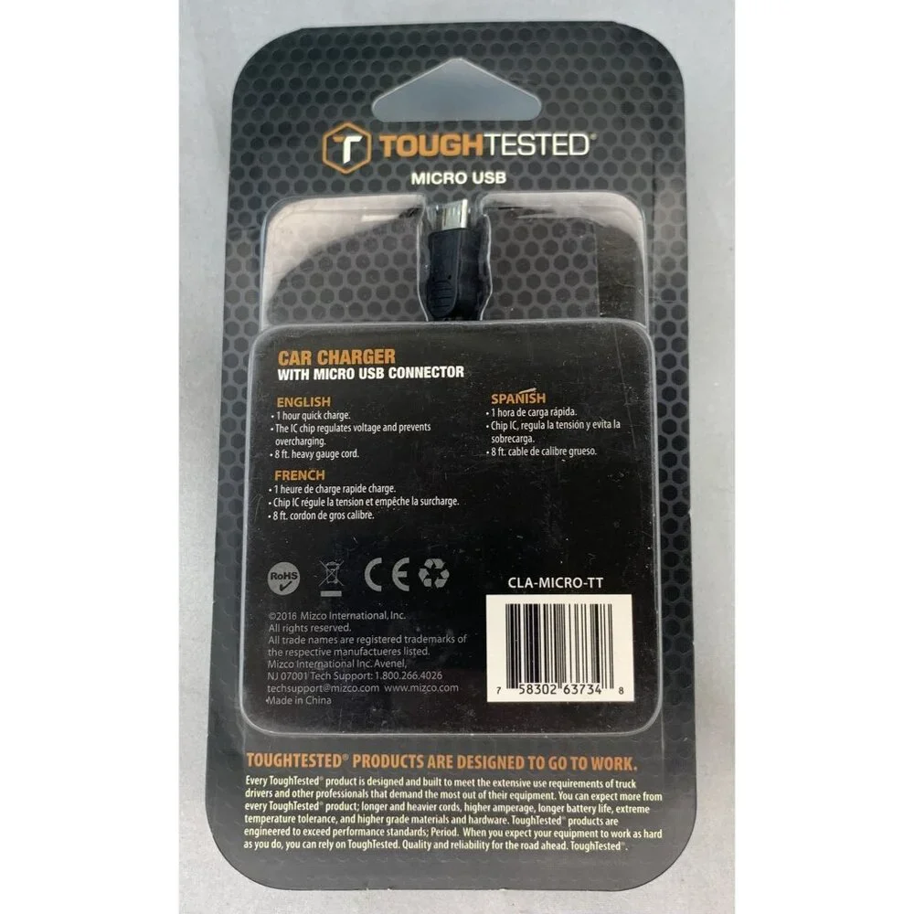 Tough Tested Micro USB Car Charger With Quick Charge and 8 ft Cord NEW